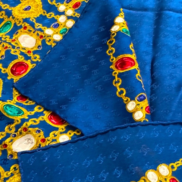 Authentic CHANEL Blue Scarf with Gold and Red Accents